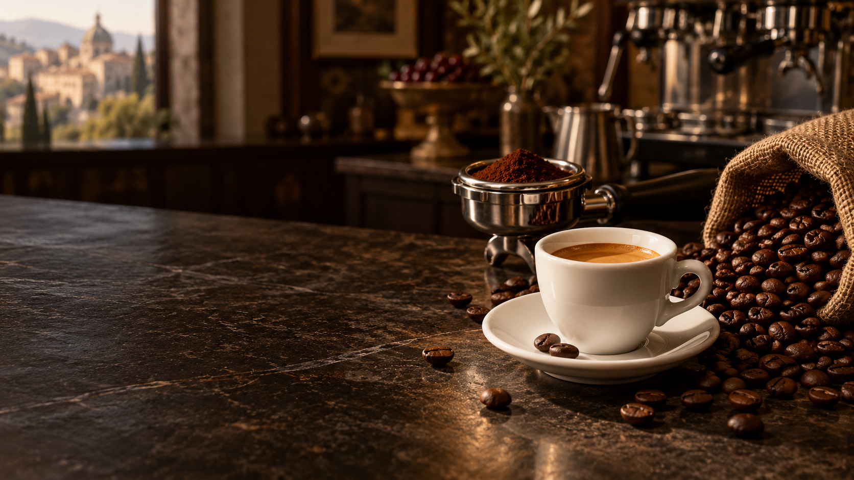 Italiaanse espresso met verse koffiebonen en een portafilter