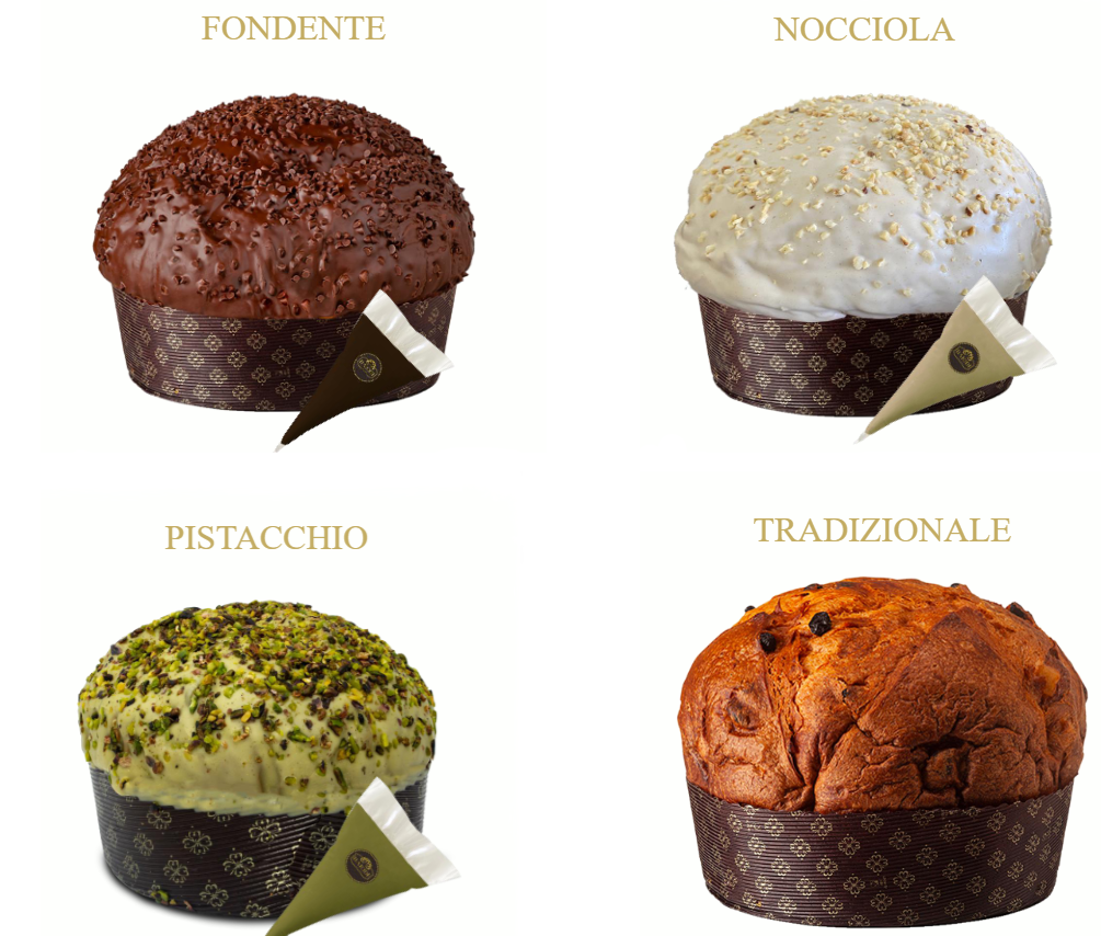 Vier Italiaanse panettoni: Fondente, Nocciola, Pistacchio en Tradizionale