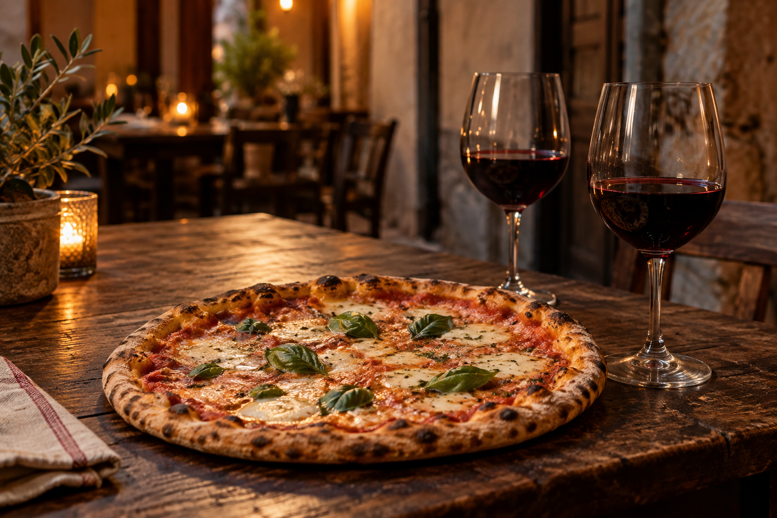 Italiaanse pizza Margherita met twee glazen rode wijn
